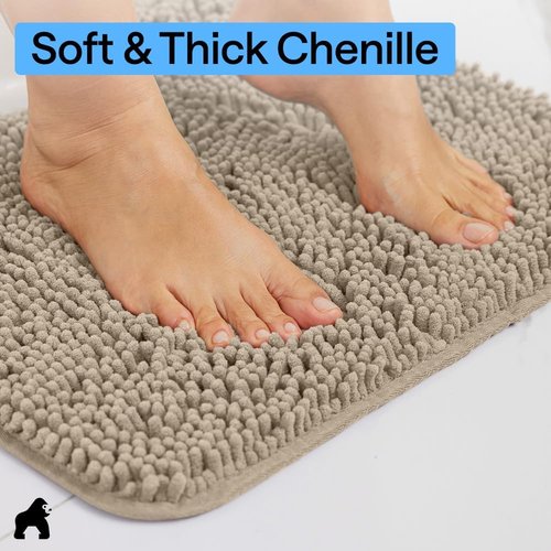 GORILLA GRIP Bath Rug Mat - Thick Absorbent Chenille | Quick-Dry Microfiber, 60x17 Inches, Gray Beige