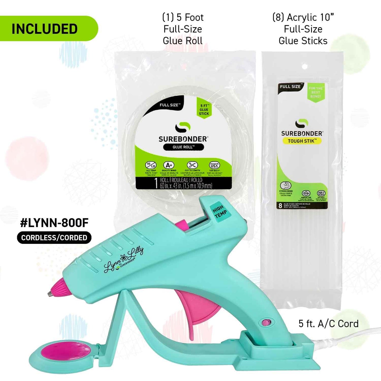 Surebonder Lynn Lilly Edition Cordless/Corded Full Size Hot Glue Gun Kit with All Purpose Hot Glue Roll and Tough High Strength Glue Sticks - Blue