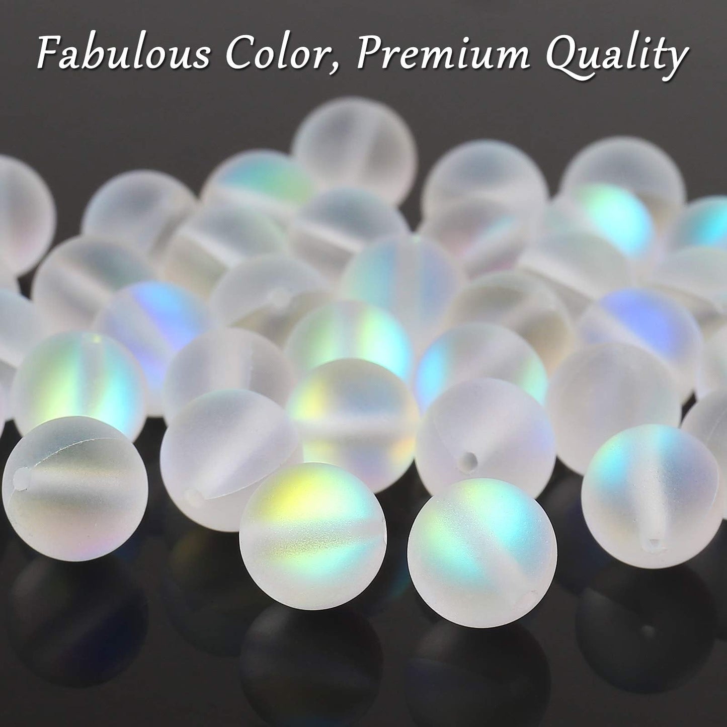 Matte White Aurora Crystal Glass Beads, 10MM Frosted Glitter Shining Mermaid Round Loose Beads, Rainbow Holographic Synthetic Moonstone for Jewelry Making DIY Bracelet