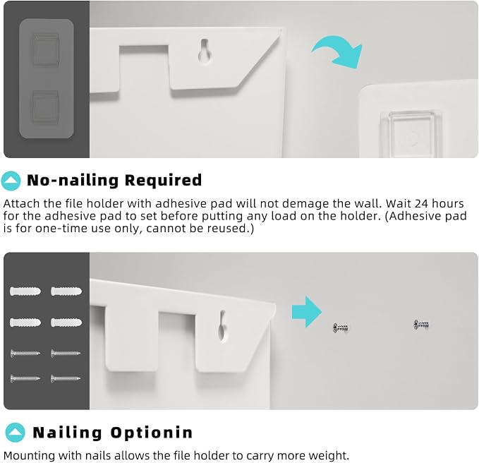 JOMOLA No Drilling File Holder 2 Pack Mail Organizer Wall Mount File Organizer Holder Office Wall Hanging Files Magazines Organizer Plastic Door Mount Wall Pocket with Adhesive Pad, White Color