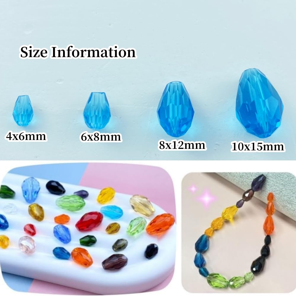 Honkoolly 200pcs 4x6mm Teardrop Crystal Glass Beads Vertical Hole Faceted Glass Teardrop Spacer Beads for Bracelets Necklace Earring DIY Jewelry Making Craft(Lake Blue)