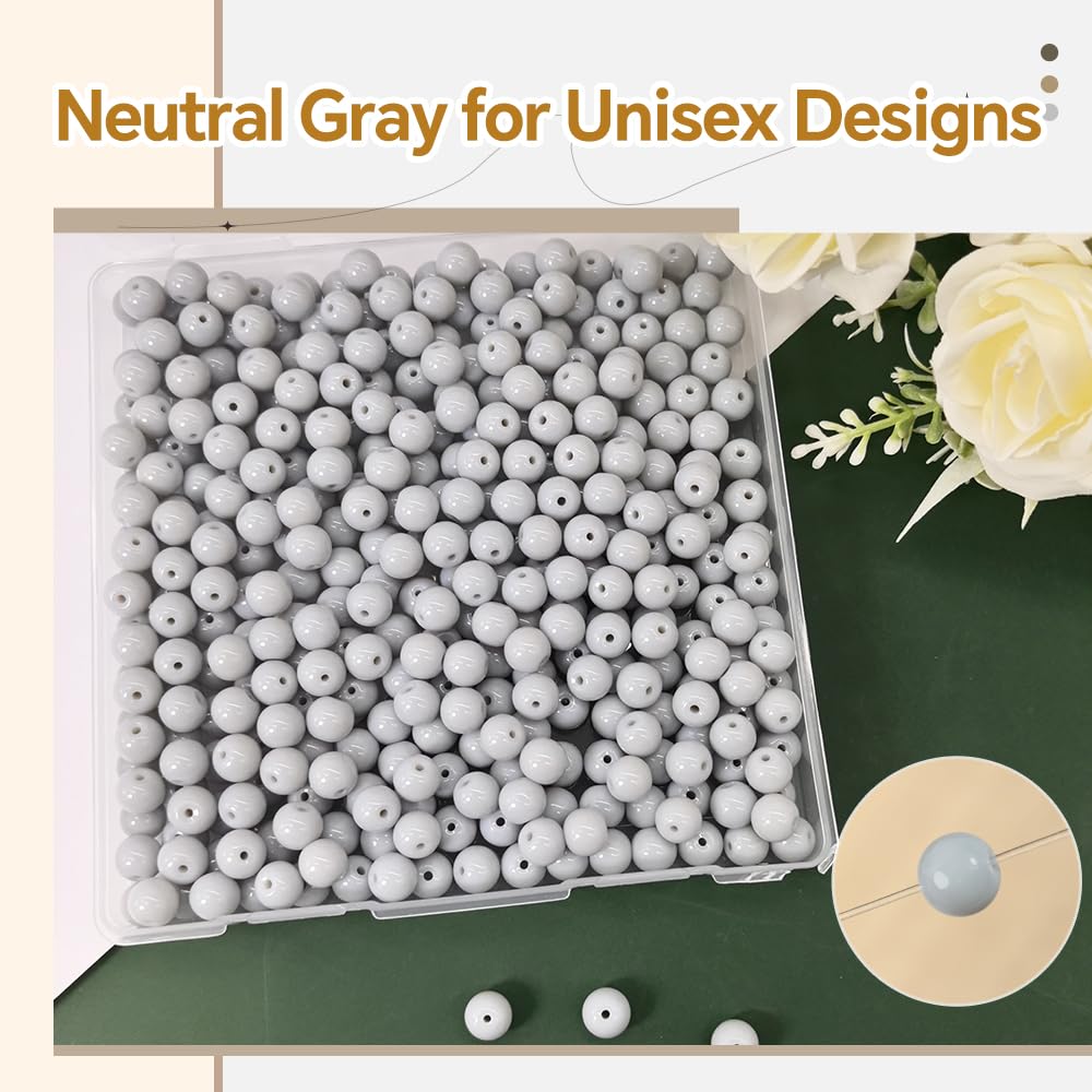 PAMIR TONG 400pcs 8mm Round Glass Beads for Bracelet Pretty Smooth Loose Beads for Necklace-Earring-Jewelry Making and DIY Crafts (Gray)