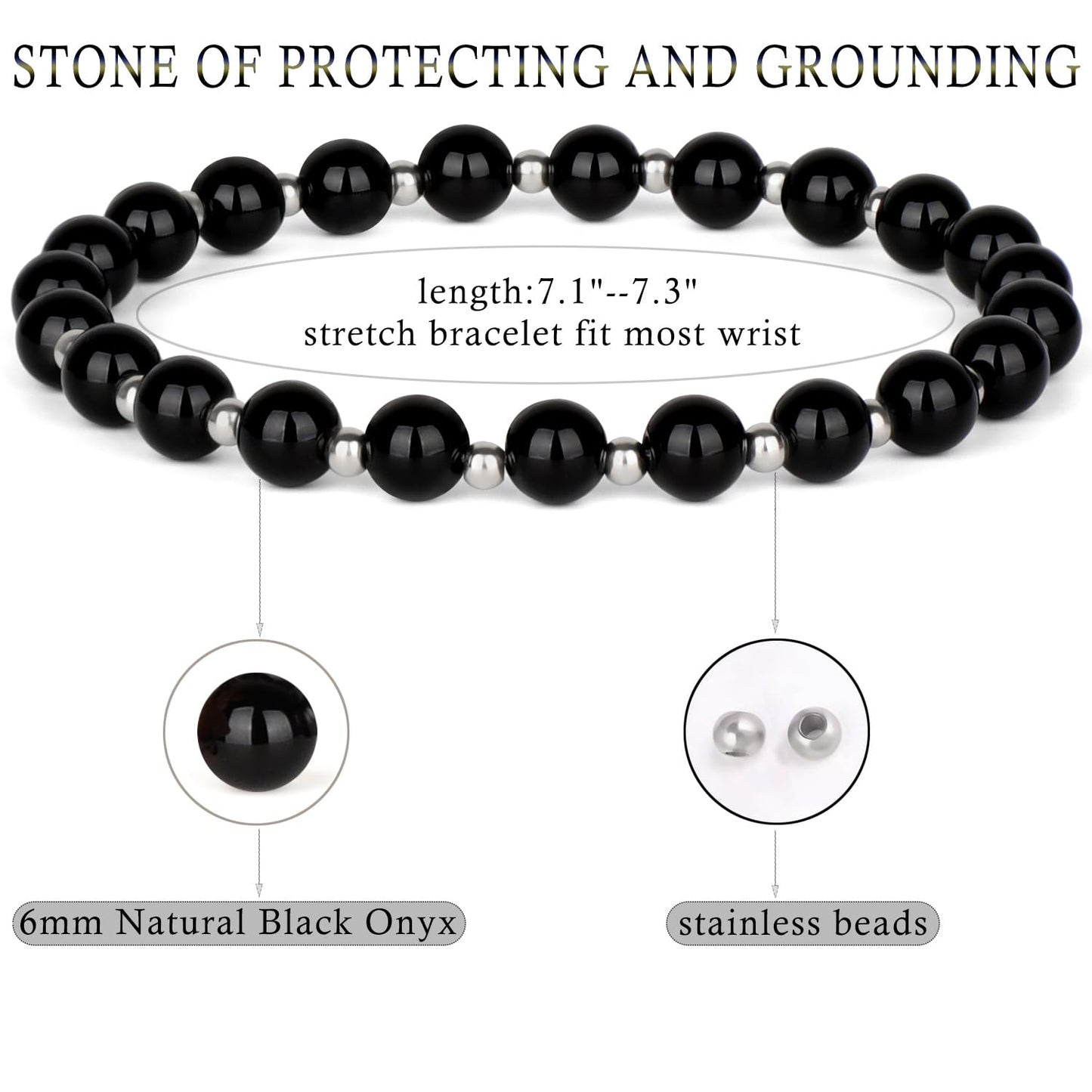 QOGIR Black Onyx - Protecting and Grounding - Stainless Silver Beads Natural Gemstone Stretch Elastic Dainty Healing Beaded Bracelets Gifts 6mm