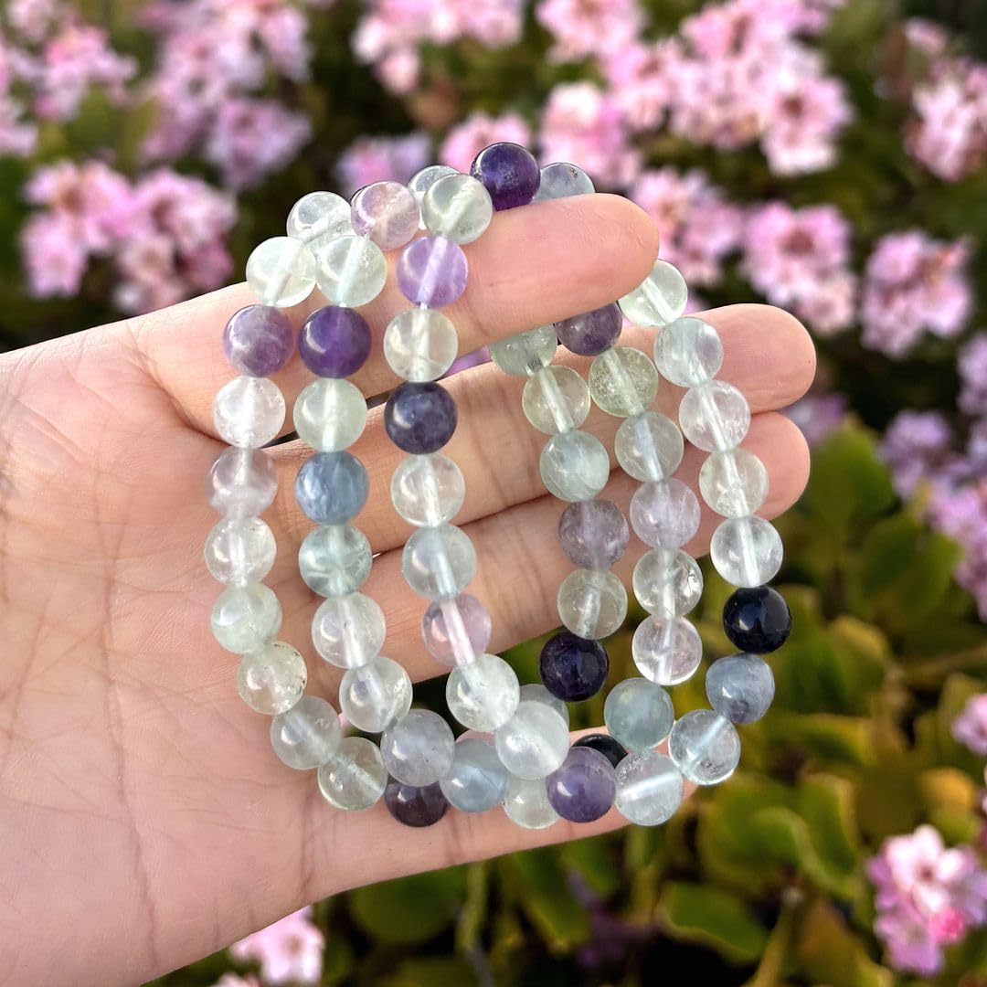 Adabele Real Natural Multicolor Fluorite Gemstone Beaded Bracelet 8.5 inch Stretch Chakra Healing Crystal Stone Jewelry Women Mom Gift GB8-D2