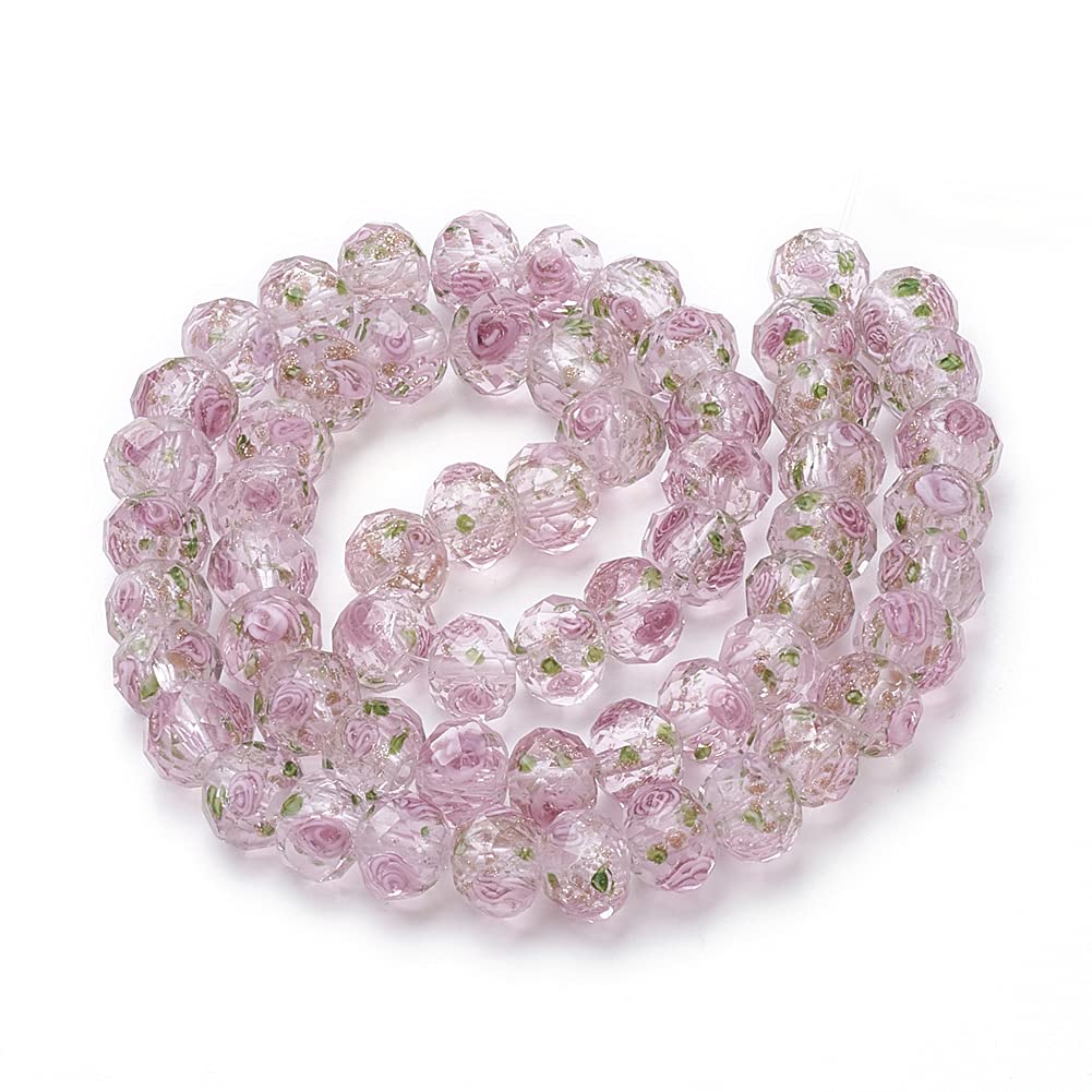 PH PandaHall 60pcs 8~10mm Pink Rose Lampwork Beads Gold Sand Glass Beads Flower Glass Beads 1.5~2mm Hole Floral Handmade Lampwork Beads Round Loose Beads for Rosary Making Jewelry Craft Making