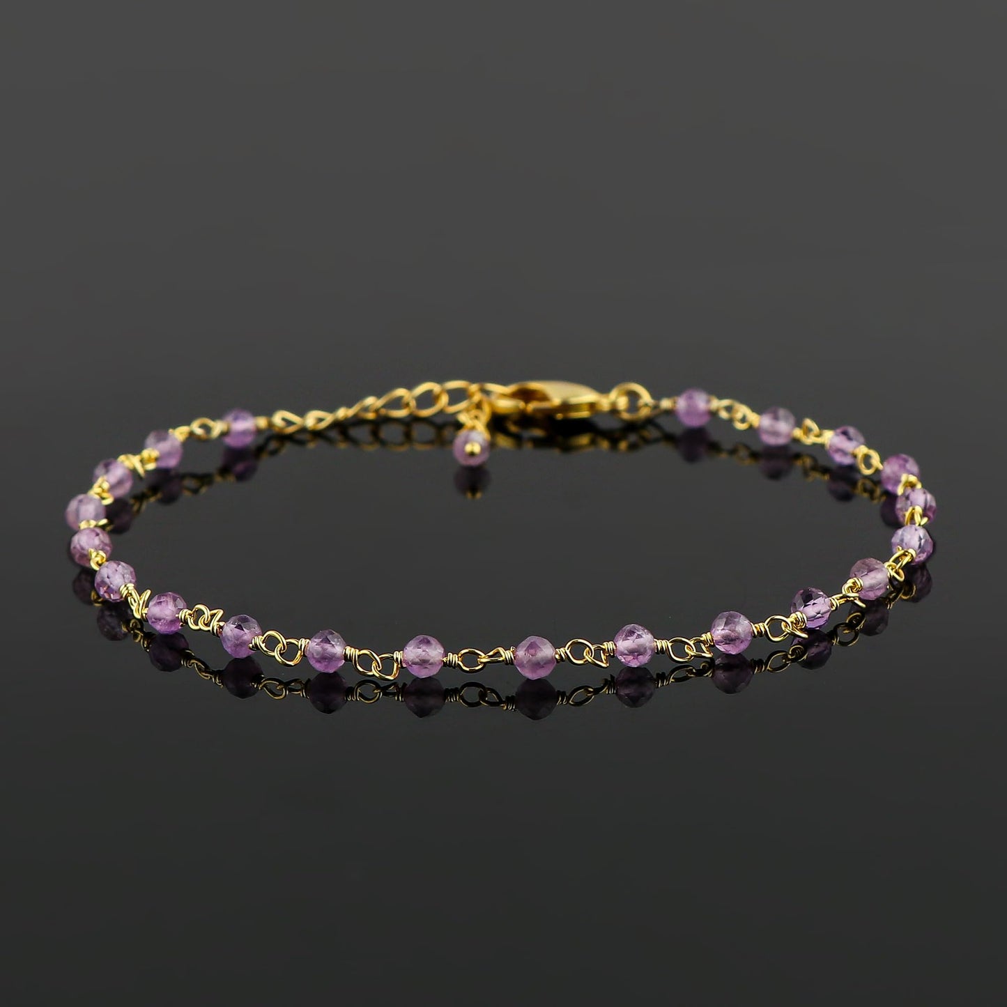 CRYSTALINES Natural Amethyst Gemstone Cluster Bracelet, 14K Gold Plated Rosary Chain Beads, Handmade Boho Jewelry for Women, Healing Crystals, February Birthday Christmas Gift, 8"