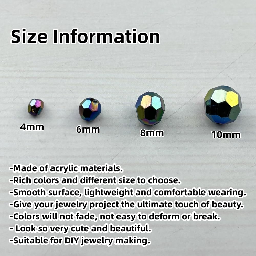 Pinhoollgo 1800pcs Acrylic Faceted Round Beads 4mm 6mm 8mm 10mm AB Colors Glossy Acrylic Round Spacer Beads with Hole for DIY Bracelet Necklace Jewelry Making Supplies Handmade Craft(Black AB)