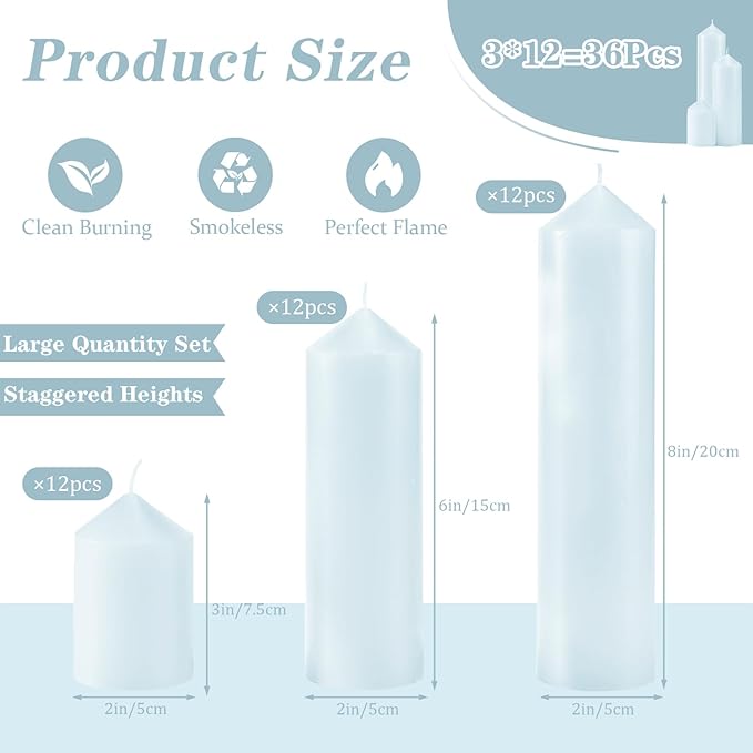 36 Pcs Blue Pillar Candles Bulk Set，Hurricane Candlesï¼? Different Lengths (12 Each)，Dripless Unscented Smokeless，Gives You a Better Atmosphere When Organizing Wedding or Event Party.