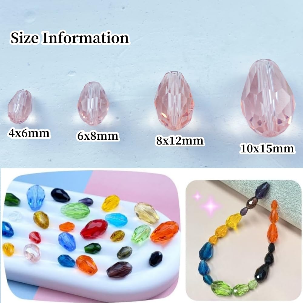 Honkoolly 100pcs 8x12mm Teardrop Crystal Glass Beads Vertical Hole Faceted Glass Teardrop Spacer Beads for Bracelets Necklace Earring DIY Jewelry Making Craft(Pink)