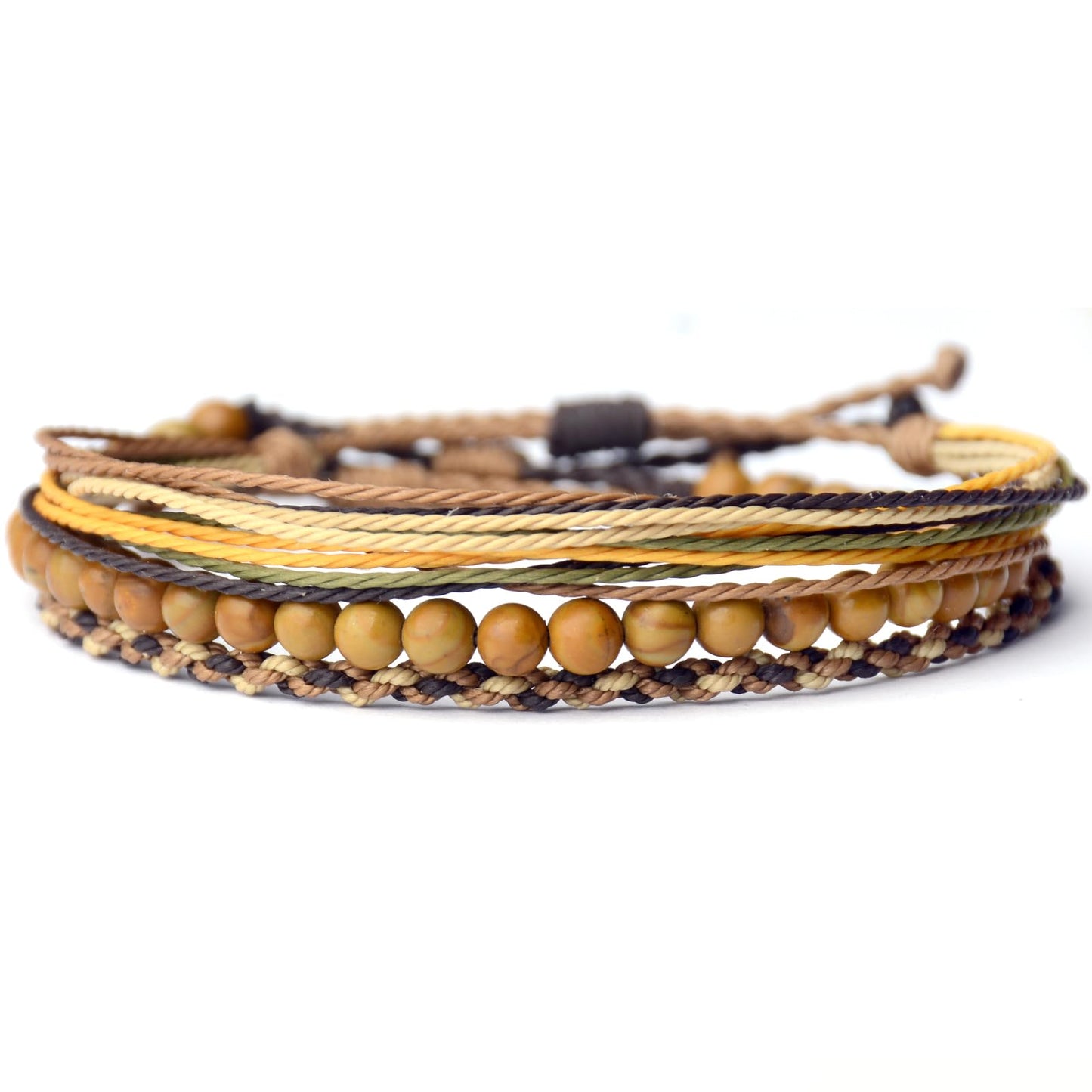 Handmade Natural Stone Beaded Healing Bracelet Gift for Men Adjustable Rope String Bracelet (Wood-Grain Yellow, Adjustable)