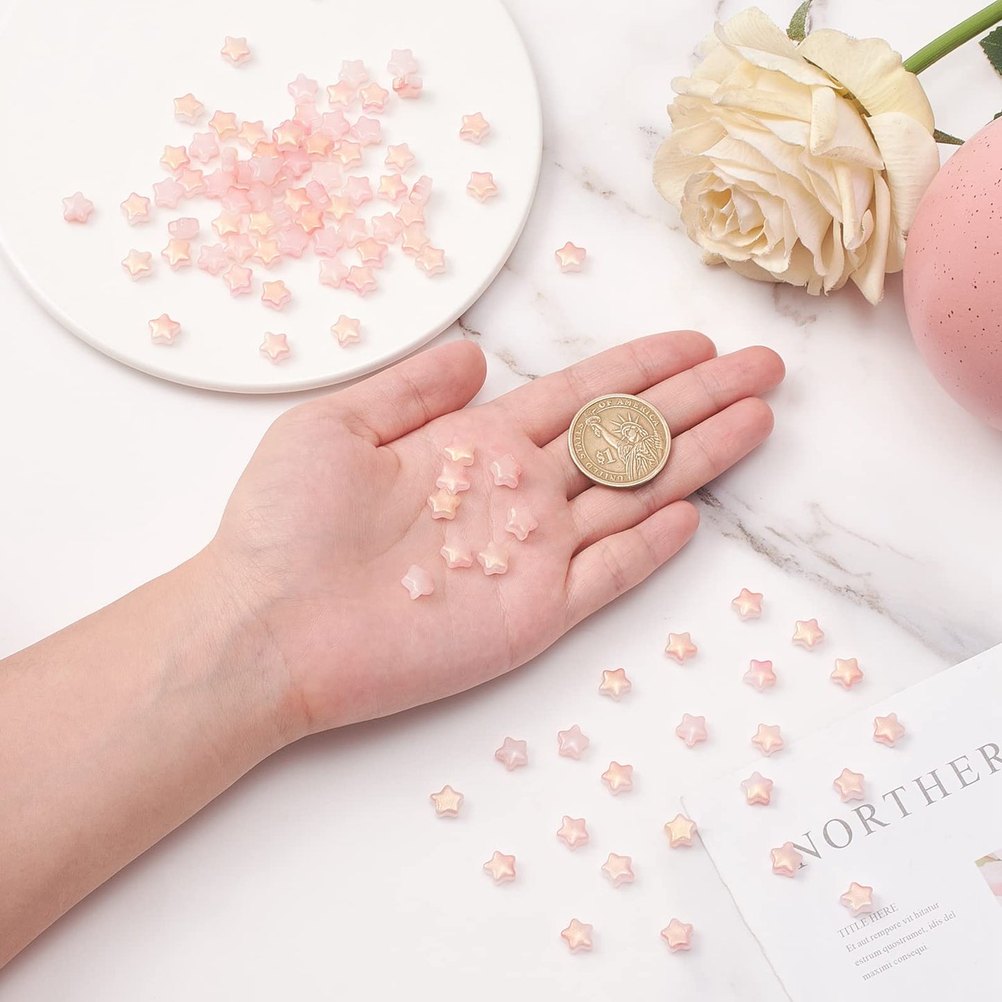 UR URLIFEHALL 100 Pcs Pink Imitation Jade Glass Star Beads with Glitter Powder Glass Beads for Earring Bracelet Necklace Jewelry DIY Making