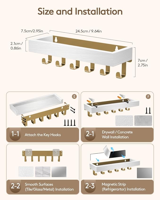 Key Holder Wall Mount Adhesive Magnetic - Hanging Key Hooks with Mail Organizer Tray for Wallet House - Keys Hanger Rack with Shelf for Camper Entryway Door Home Living Room Decor Gold White