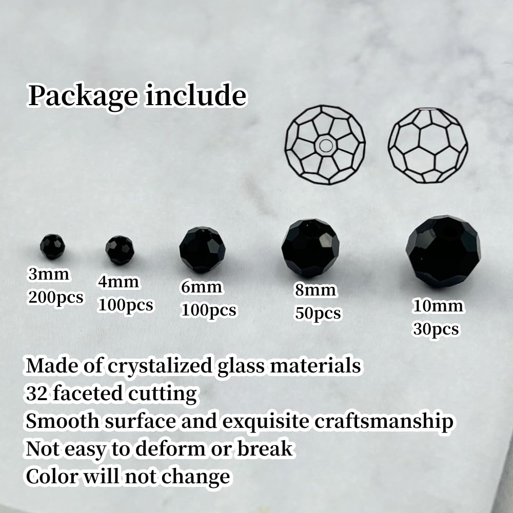 Honkoolly 480pcs Crystal Glass Beads 3mm 4mm 6mm 8mm 10mm Round Faceted Glass Spacer Beads for Bracelets Necklace Earring DIY Jewelry Making Craft(Black)
