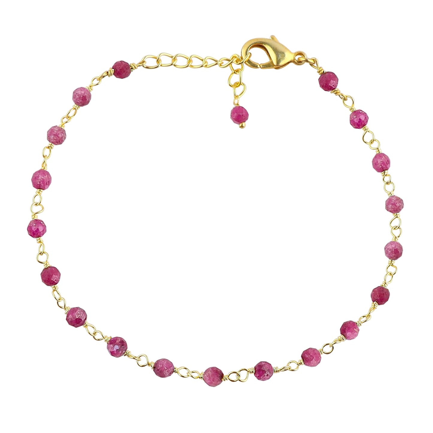 CRYSTALINES Natural Ruby Gemstone Beads Bracelet Handmade Hypoallergenic Gold Plated Jewelry for Women Microfaceted Crystals Beaded Rosary Chain July Birthstone Cluster Bracelet, 7+1inch