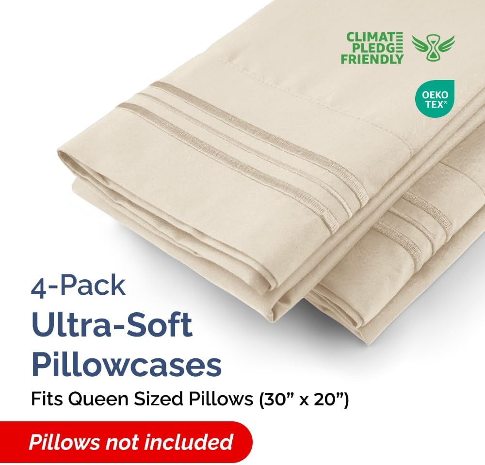 Skiennix Queen Pillow Cases Set of 4 - Ultra Soft Hotel Quality - Wrinkle Free & Fade Resistant - Wheat Color