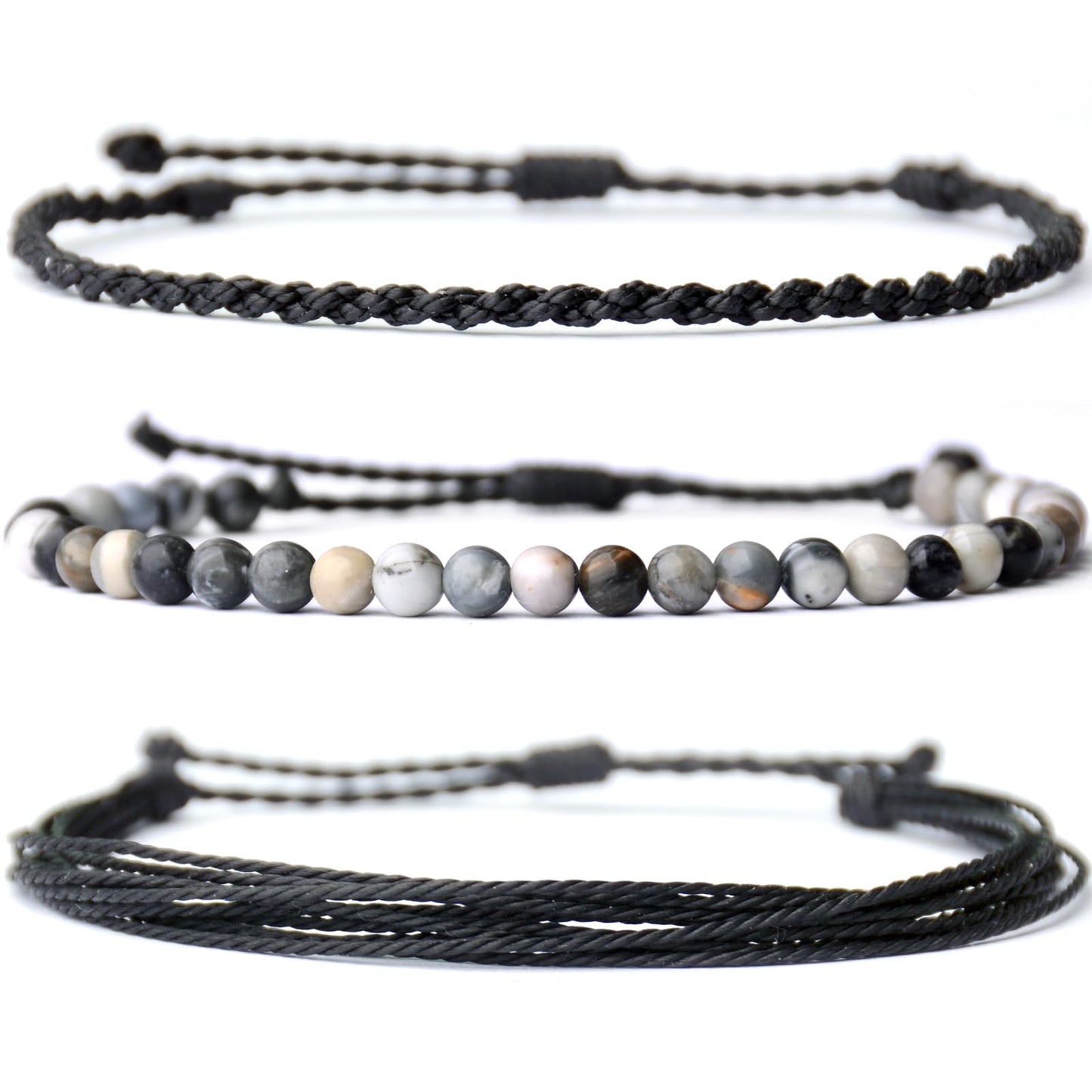 Handmade Natural Stone Beaded Healing Bracelet Gift for Men Adjustable Rope String Bracelet (Black Picasso, Adjustable)