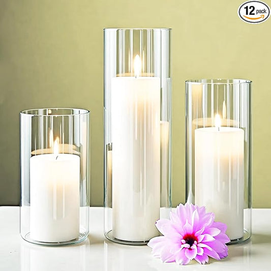 Set of 12 Elegant White Pillar Candles with Clear Ribbed Glass Holders?“Perfect for Weddings, Parties, Events, and Home Decor?“Long-Lasting Burn, Stylish Centerpieces, and Versatile Use