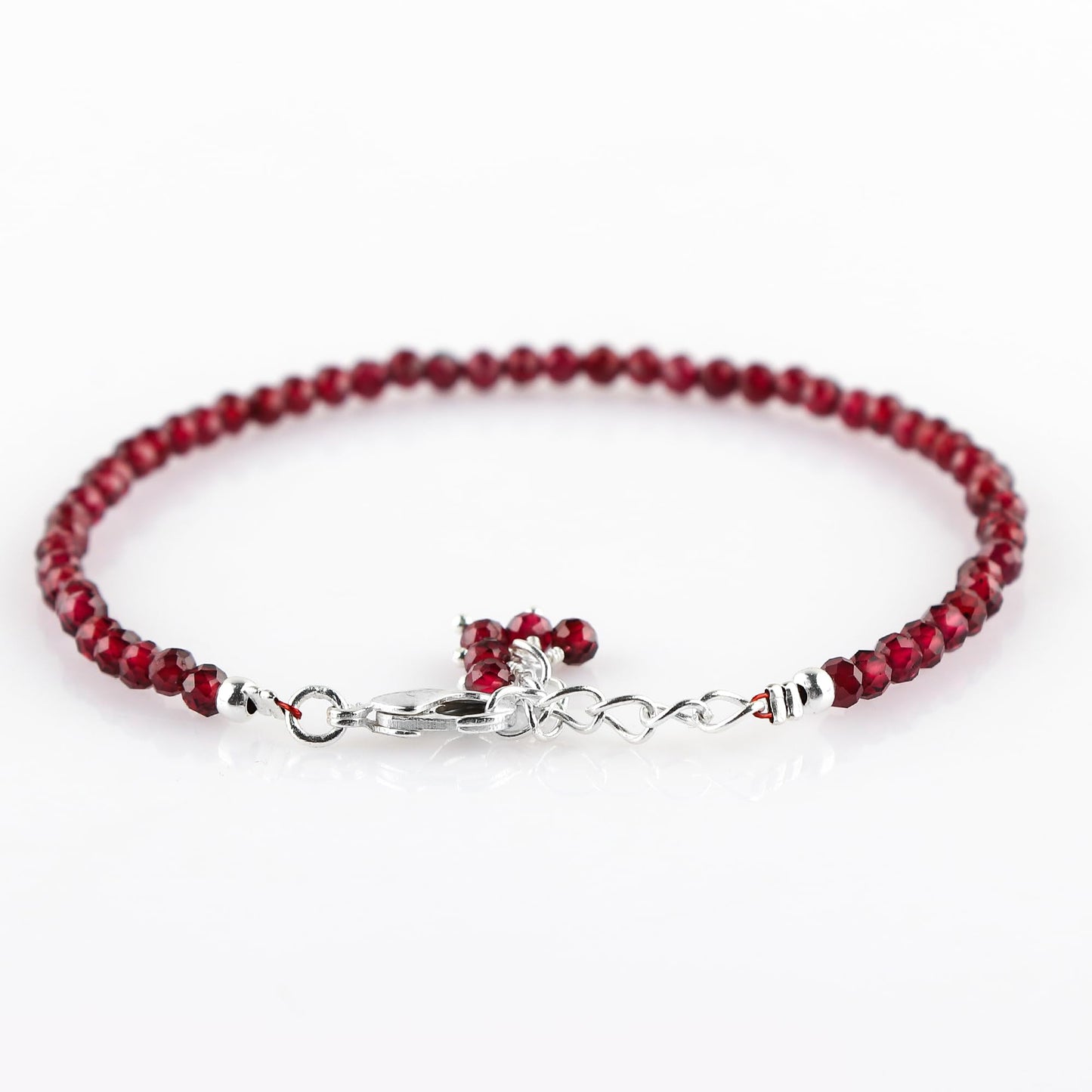 CRYSTALINES Natural Mozambique Garnet Gemstones Beads Bracelets, Round Beaded Jewelry, Handmade, Women Bracelet, January Birthstones, Silver Plated, Adjustable Chain, 8inch