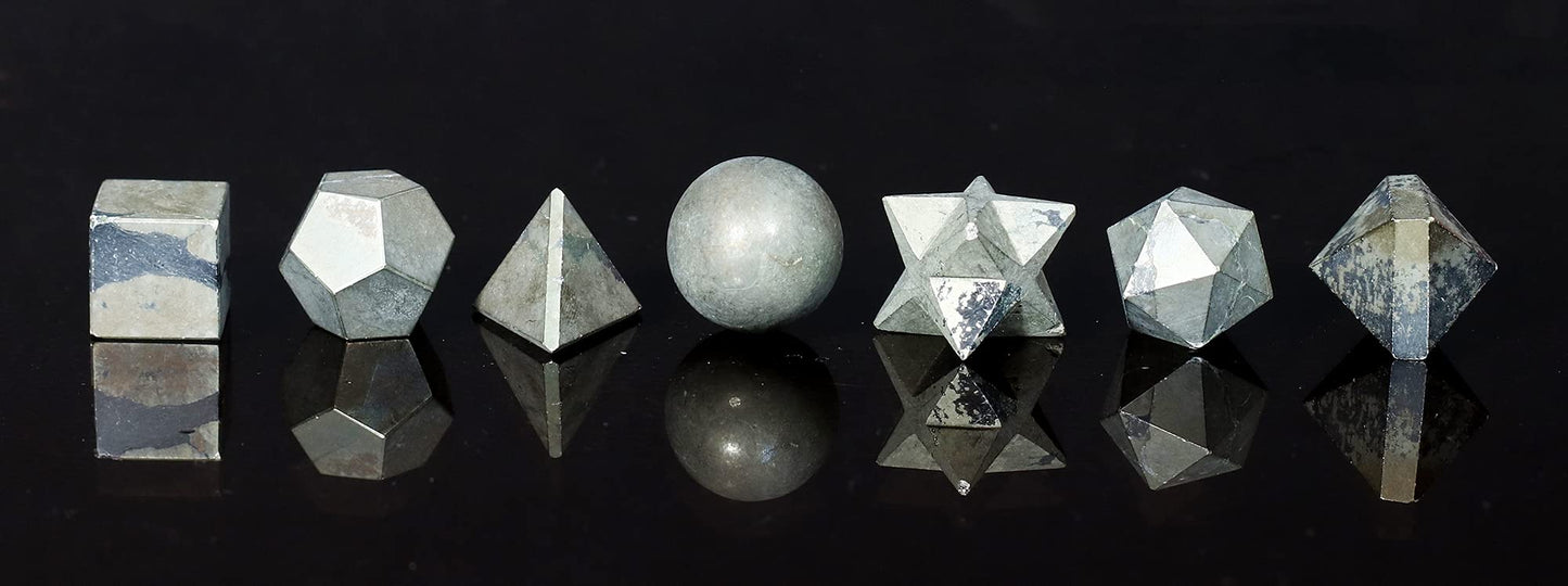 Crocon Golden Pyrite 7 Pcs Platonic Solids Crystal Geometry Set, Platonic Solids Sacred Geometric Stones for Meditation Reiki Balancing Healing Chakra Stone Cleansing Spiritual Good Luck (15-20 mm)