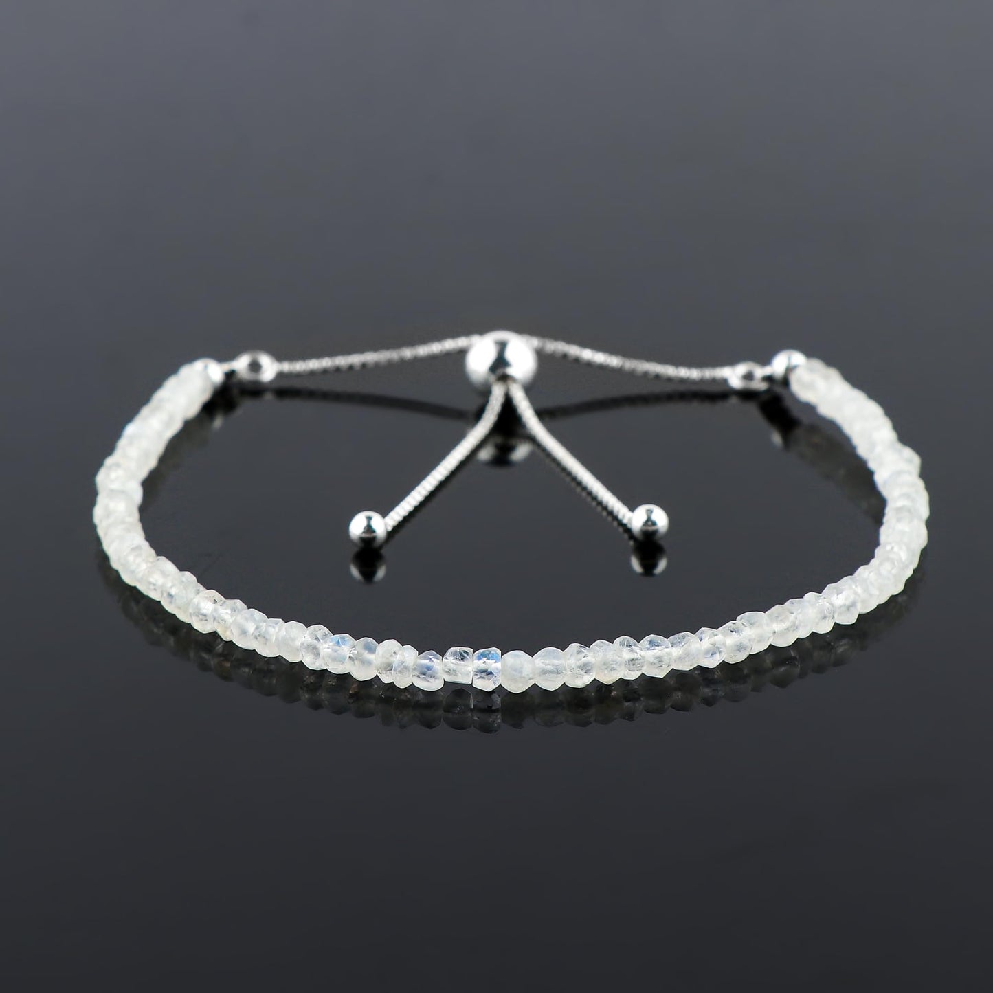 CRYSTALINES Natural Rainbow Moonstone Gemstone Bolo Bracelet, Handmade Bohemian Jewelry, Healing Crystals, Faceted Beads Stones, Silver Adjustable Chain, Christmas Gift for Women, 6+4inch