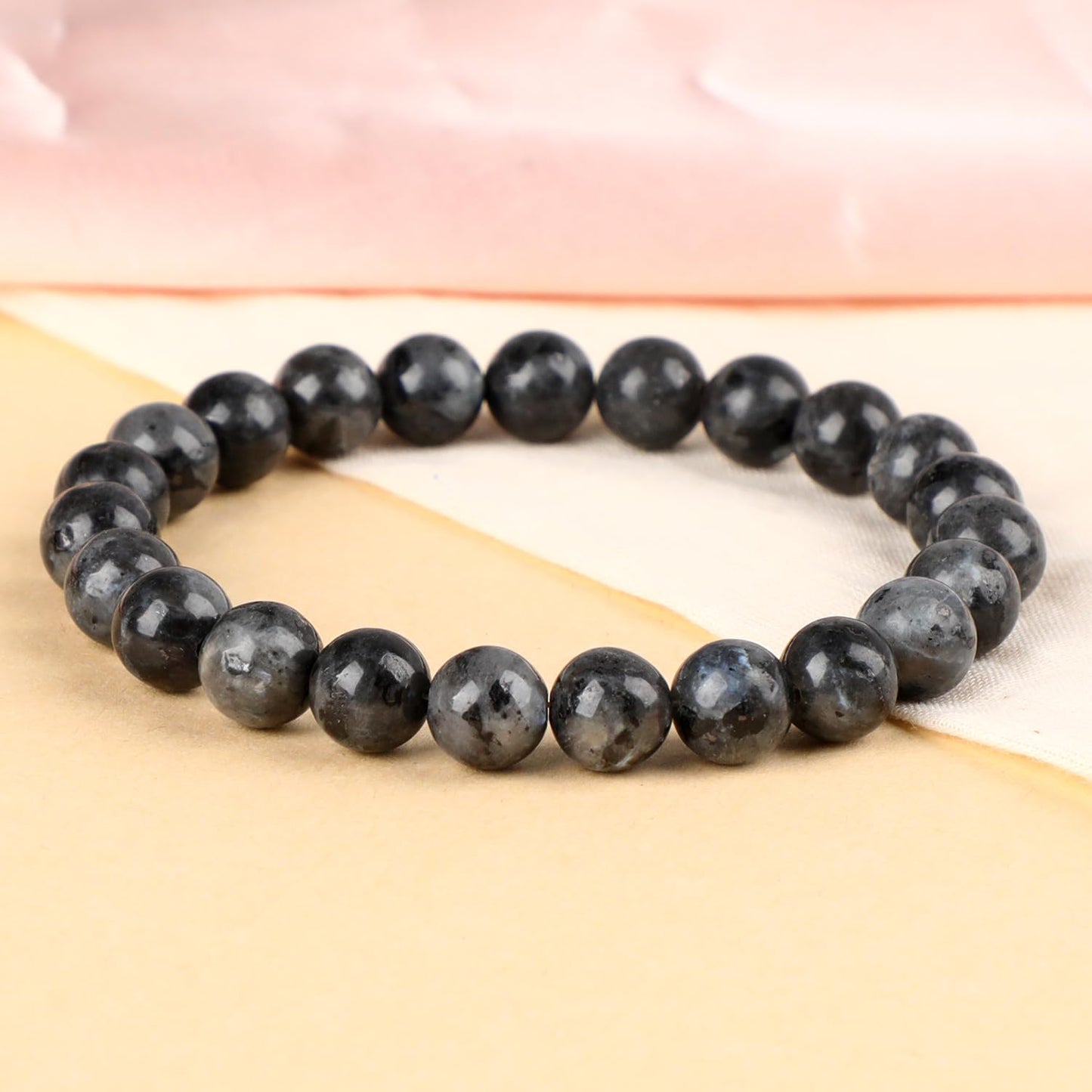 LPBeads Handmade Natural Gemstone Stretch Elastic 8mm Black Larvikite Bracelet Healing Crystal Round Stone Beads Jewelry Gifts for Women Men