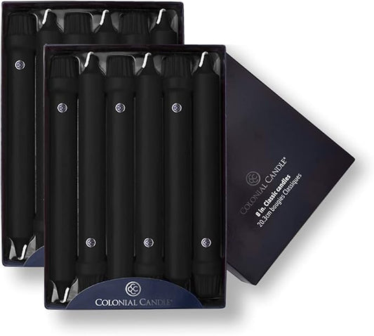 Colonial Candle Unscented Taper Candle, Classic Collection, Black, 8 In, Pack of 12 - Up to 6 Hours Burn