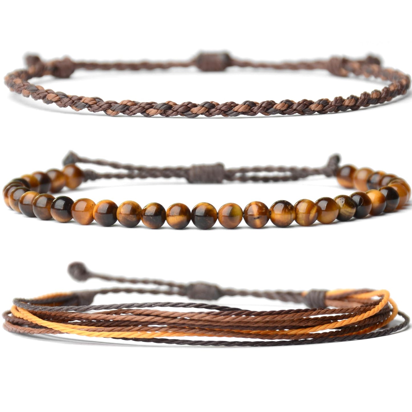 Handmade Natural Stone Beaded Healing Bracelet Gift for Men Adjustable Rope String Bracelet (Tiger Eye（Bright）, Adjustable)
