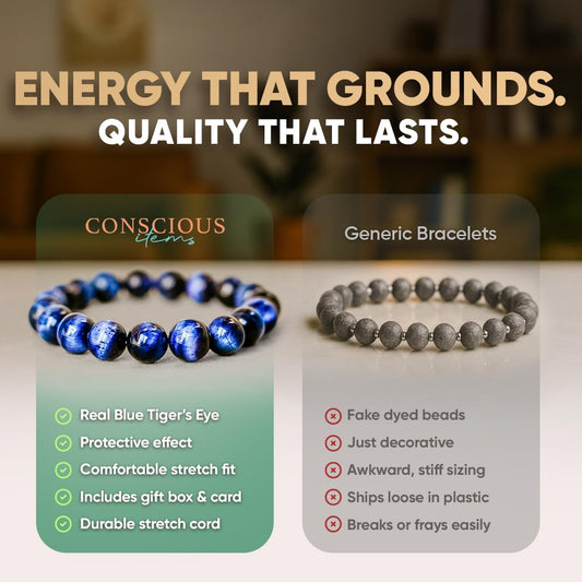 Conscious Items Blue Tigers Eye Bracelet, Natural Gemstone Beads for Focus, Motivation, Mental Clarity, & Energy Protection, Tigers Eye Beads for Confidence, Blue Bracelet for Men & Women