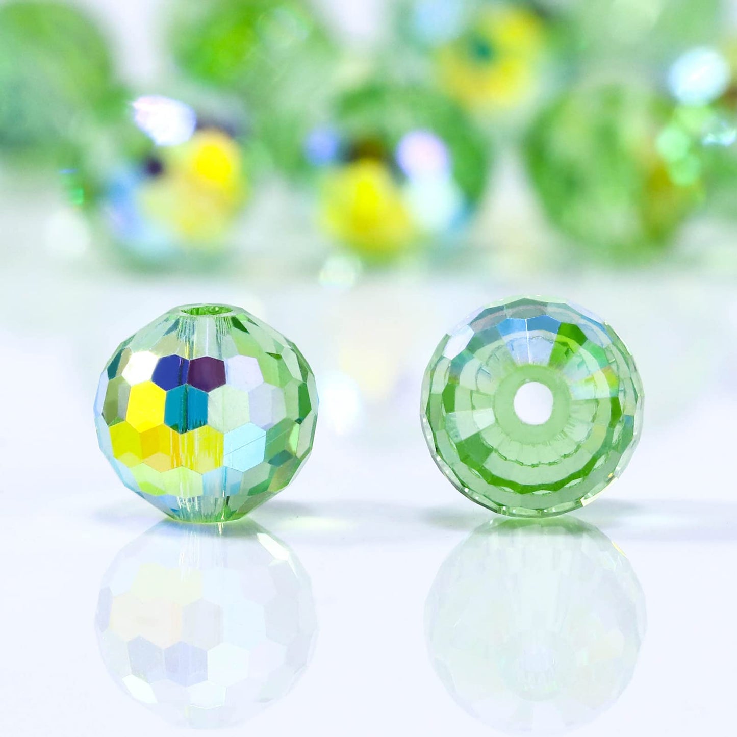 Dowarm 10MM Round Crystal Beads for Jewelry Making, Faceted Crystal Glass Beads for Crafts Bracelet Wind Chimes Suncatcher, #5003 Rondelle Spacer Beads, Loose Gemstones, 50PCS, Light Green AB