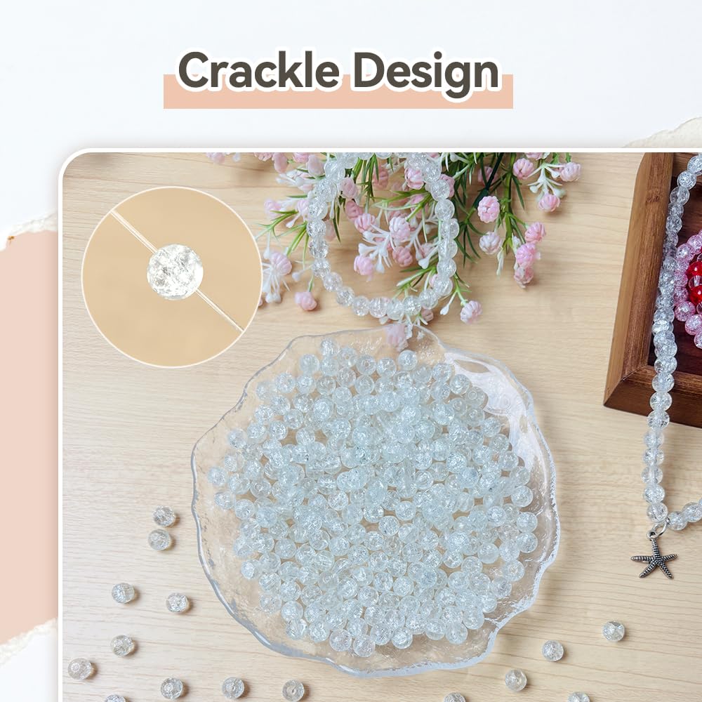 PAMIR TONG 400pcs 8mm Round Glass Beads for Bracelet Pretty Smooth Loose Beads for Necklace-Earring-Jewelry Making and DIY Crafts (Crackle White)