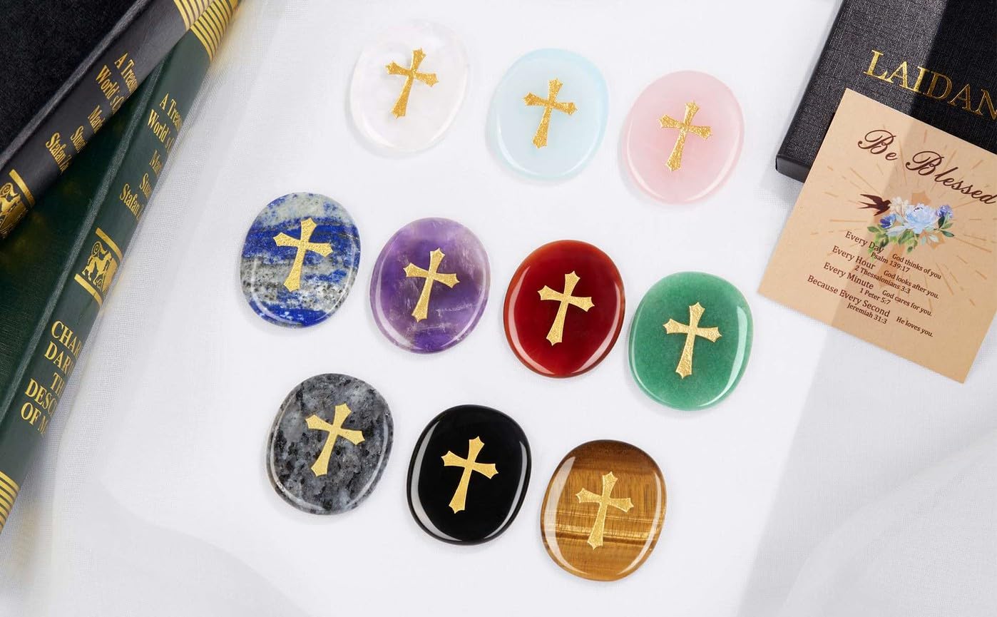 LAIDANLA Rose Quartz Cross Engraved Healing Crystal Worry Stones for Pray Faith Anxiety Relief Oval Palm Stone Polished Natural Crystal Gifts