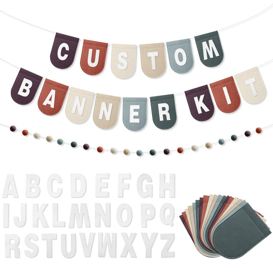Hahafelt 125 Pcs Make Your Own Banner Kit Personalized Handmade Name Scallop Felt Banner for Baby Nurseries Kids Rooms Decor, Custom Banners for Birthday Wedding Baby Shower(Earth Color,Solid)