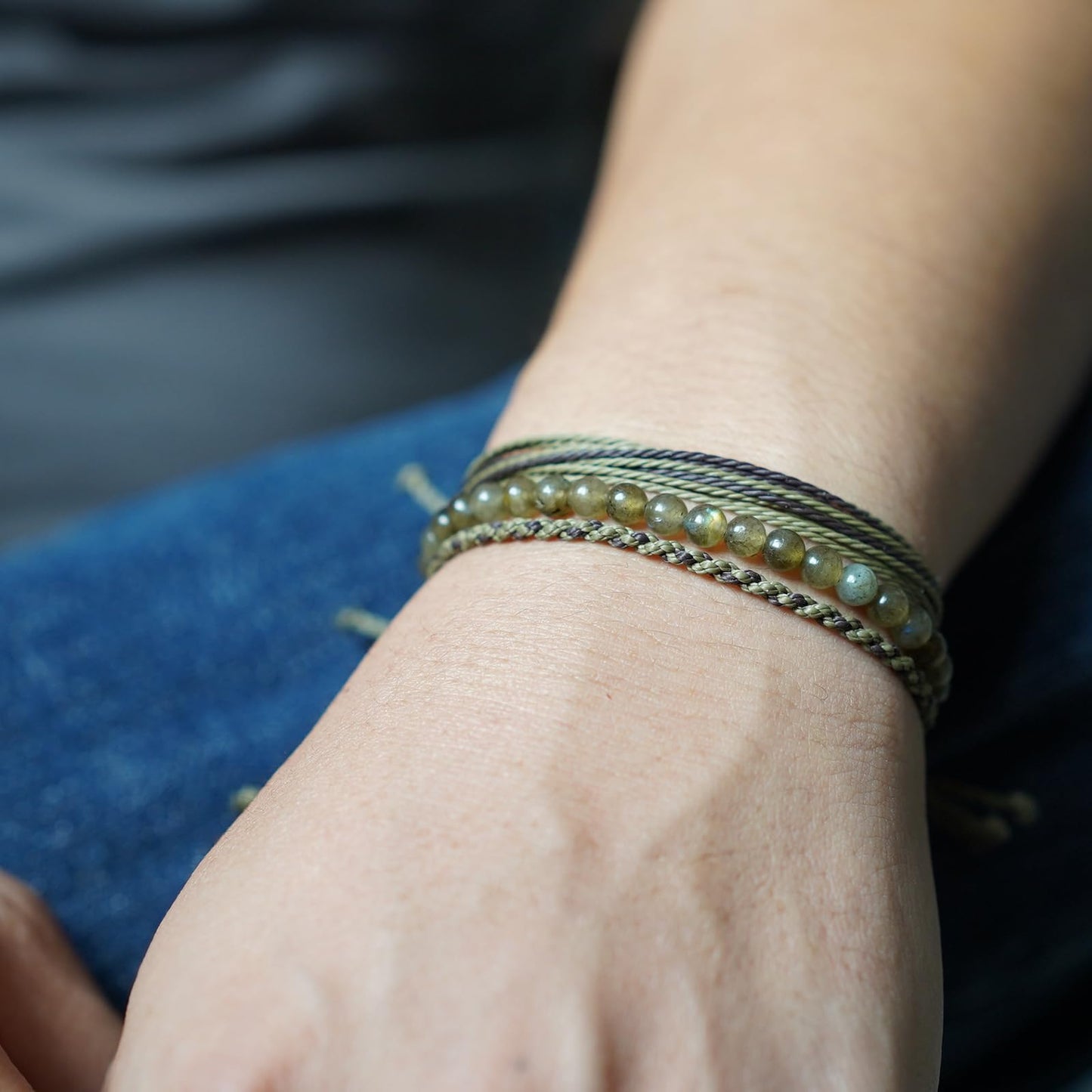 Handmade Natural Stone Beaded Healing Bracelet Gift for Men Adjustable Rope String Bracelet (Green Labradorite, Adjustable)