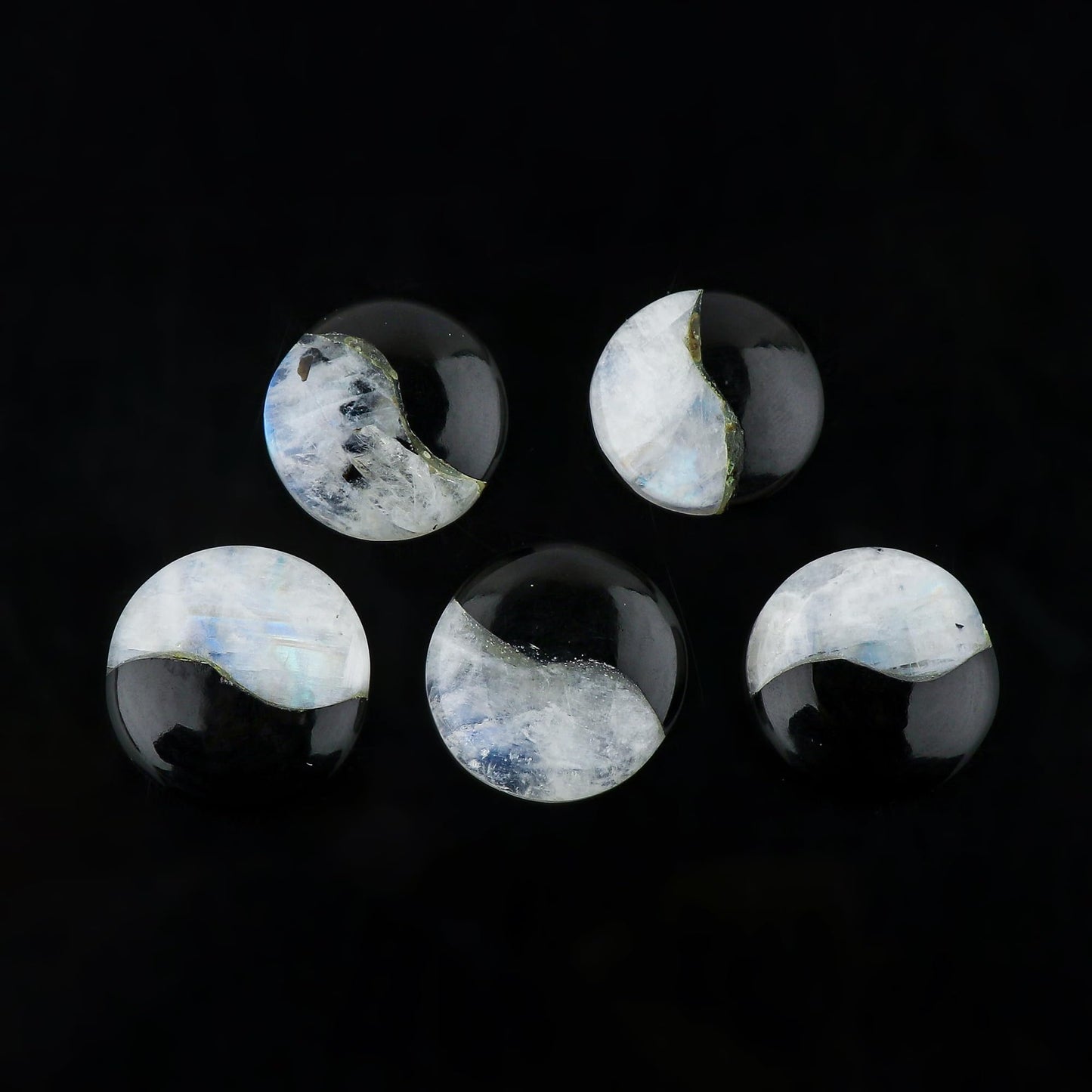 CRYSTALIS 5pcs Natural Moonstone & Black Agate, Ying Yang, Loose Gemstone Wholesale Bulk Cabochons Jewelry Making Supply, Chakra Healing Polished Stones, Wire Wrapping, DIY, Gem Collection, 20mm