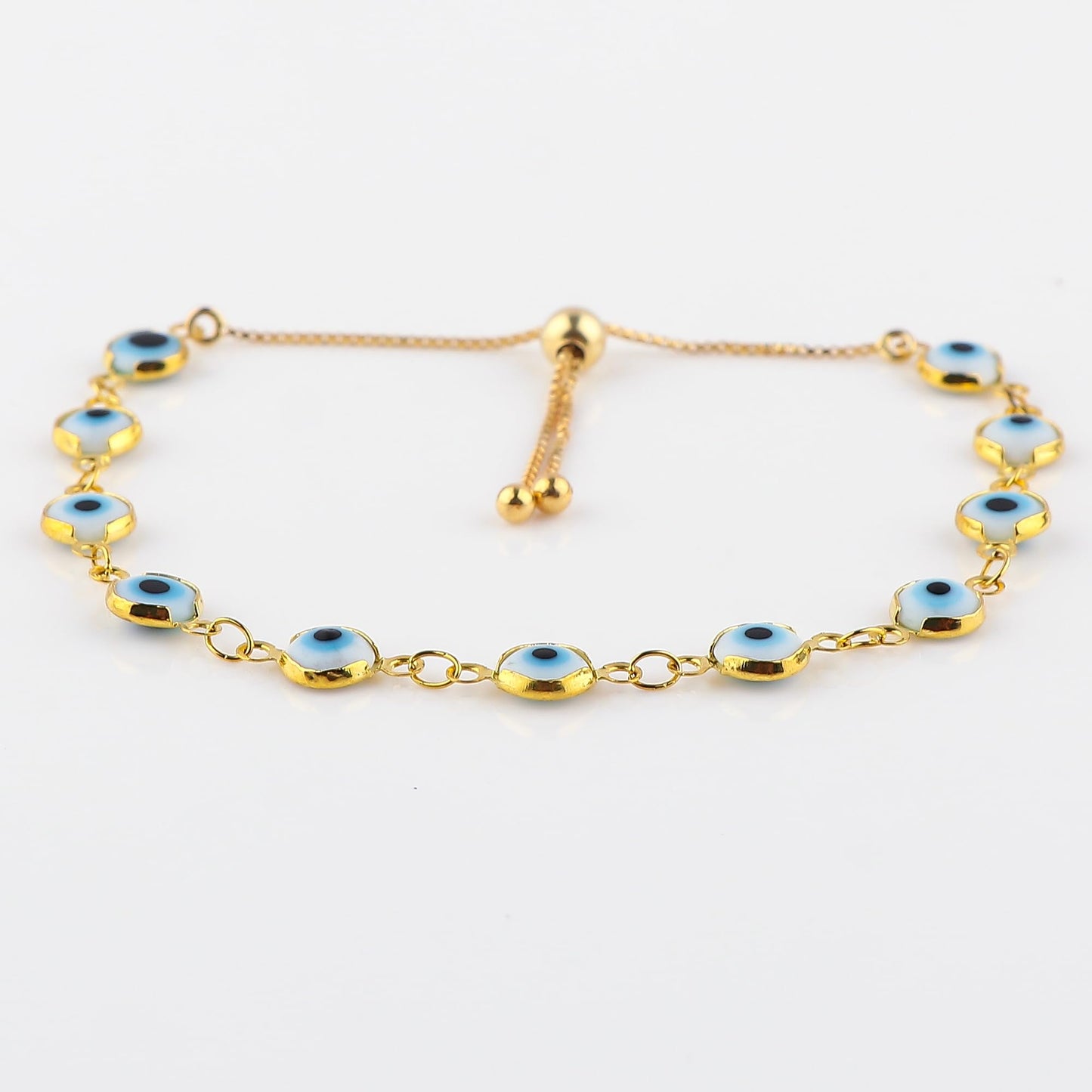 CRYSTALINES Genuine Evil Eye Onyx Gemstone Bolo Bracelet, 14K Gold Plated Link Chain Bracelet, Handmade Jewelry, Healing Crystals, Adjustable Chain, Spiritual Christmas Gift for Women