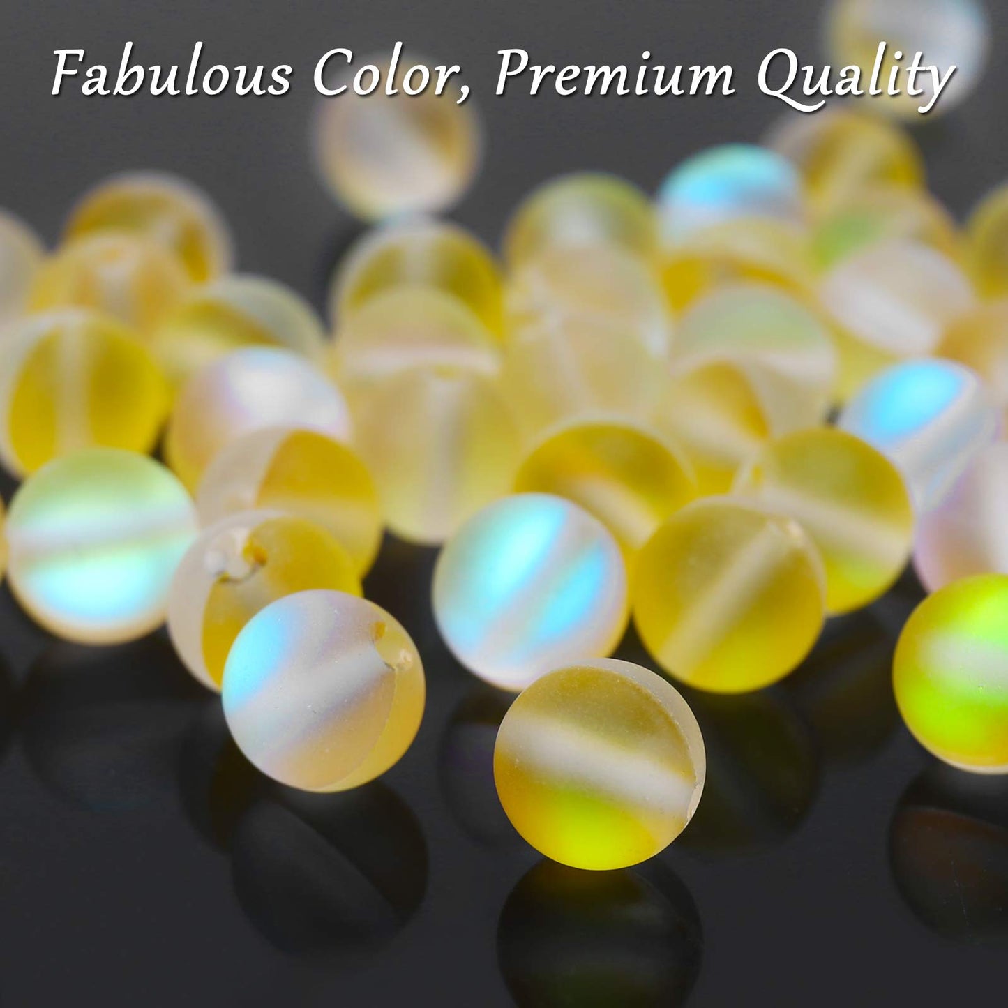 Matte Yellow Aurora Crystal Glass Beads, 10MM Frosted Glitter Shining Mermaid Round Loose Beads, Rainbow Holographic Synthetic Moonstone for Jewelry Making DIY Bracelet