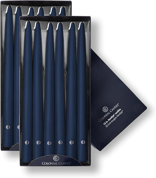 Colonial Candle Indigo Blue Taper Candles Hand Dipped - 12" Tall Candlesticks - Dripless, Unscented - Candles For Birthdays, Celebrations, 12 count (Pack of 1)