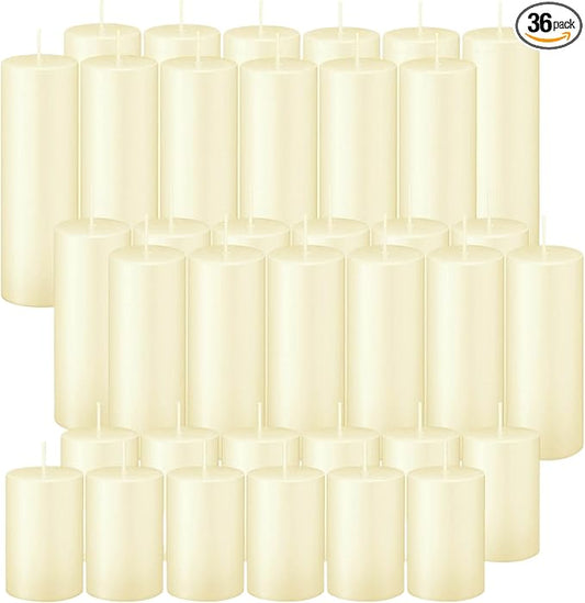 Ivroy Pillar Candles Bulk Set of 36，Hurricane Candlesï¼? Different Lengths 2 x 3/6/8 Inch (12 Each)，Dripless Unscented Smokeless，Gives You a Better Atmosphere When Organizing an Event Party.