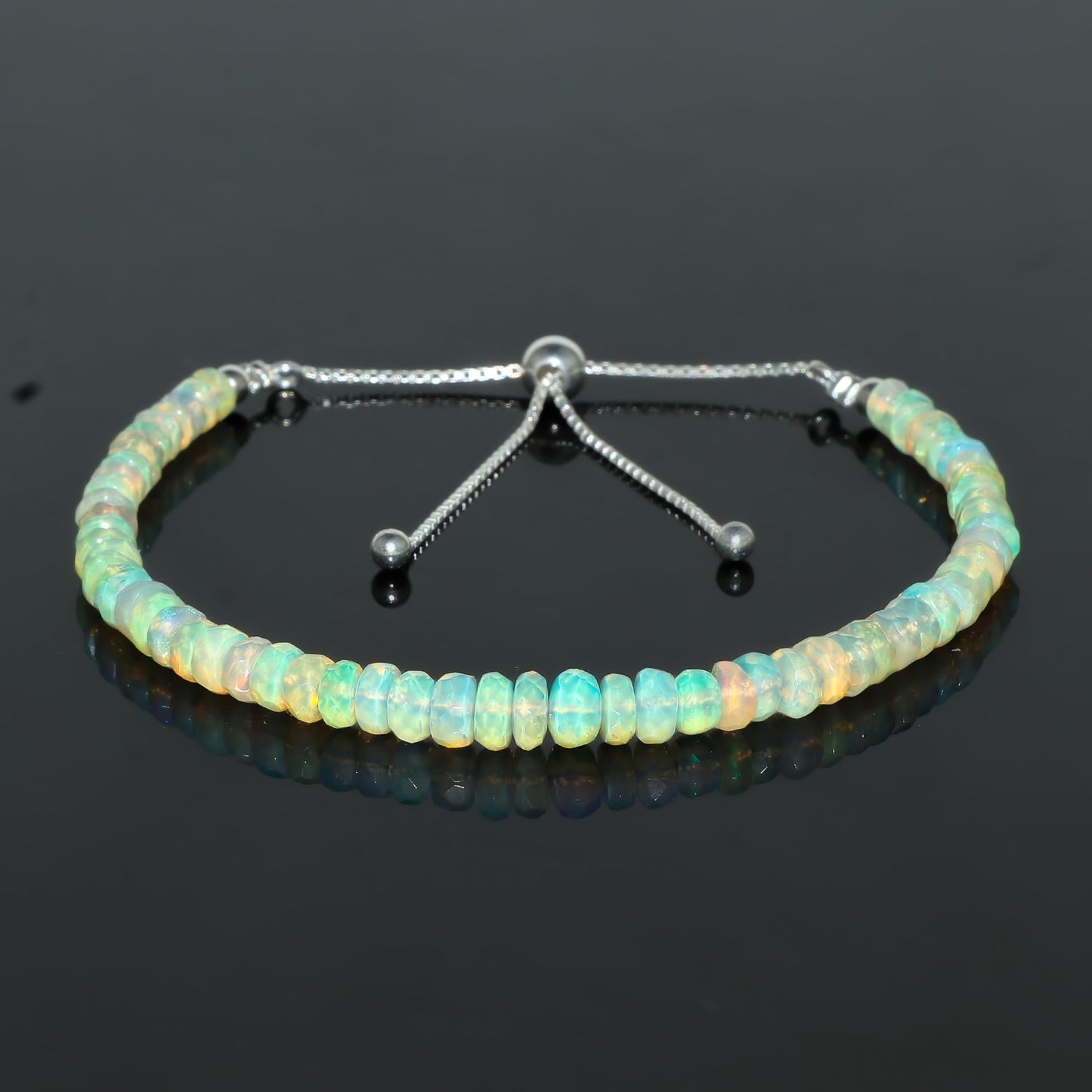 CRYSTALINES Natural Ethiopian Opal Gemstone Bolo Bracelet, Faceted Beads Stones, Handmade Boho Jewelry for Women, Healing Crystals, Silver Chain 6+4inch, October Birthstone, Trendy Gift