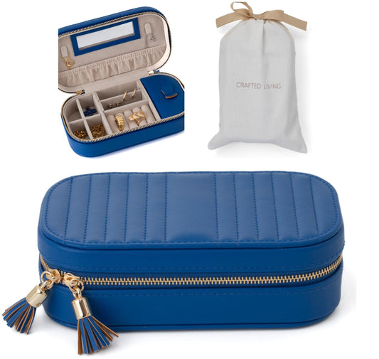 Crafted Living Summer Gift Blue Elegant Oval Jewelry Travel Case | Zip-Closure Jewelry Box with Mirror, Slots for Pendants, Bracelets, Rings & Earrings, Complimentary Dust Bag