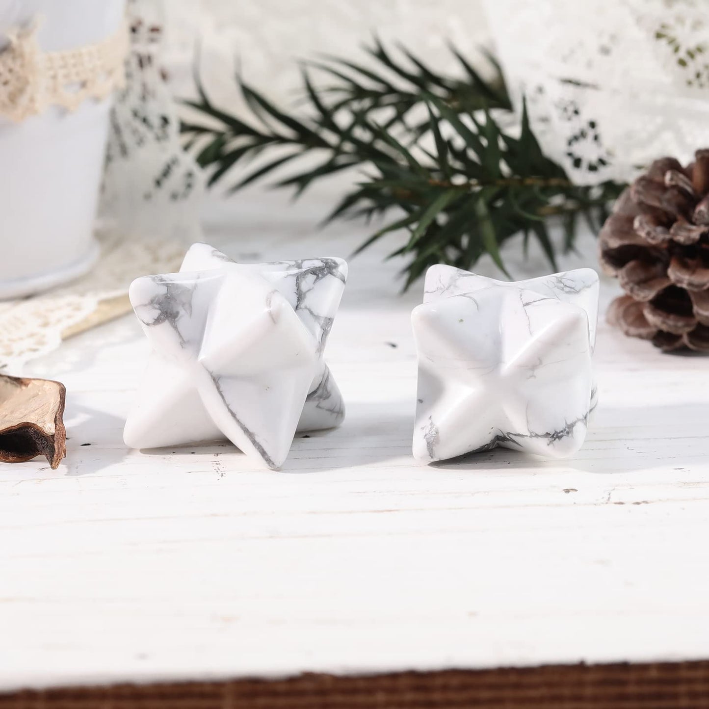 Loveliome Merkaba Star Crystal 1 Inch - Natural Gemstone Sacred Geometry, Hand Carved Six-Pointed Star Spiritual Gift for Meditation,Natural White Howlite