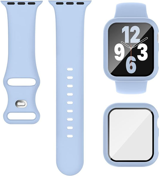 Compatible for Apple Watch Band 40mm 41mm and Case with Screen Protector, Soft Silicone Sport Strap Bands and Protective Cover with Tempered Glass for iWatch Series 9 8 7 SE 6 5 4