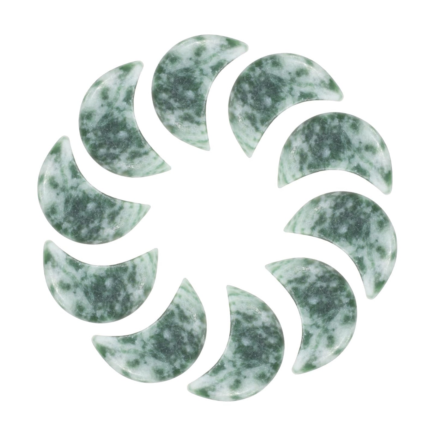 MECCANIXITY 10 Pcs Moon Crystal Worry Stone, 0.5 Inch Length Natural Green Spotted Jasper Moon Gemstone Bulk, Carved Pocket Stones for Meditation Balancing Pendant Decor