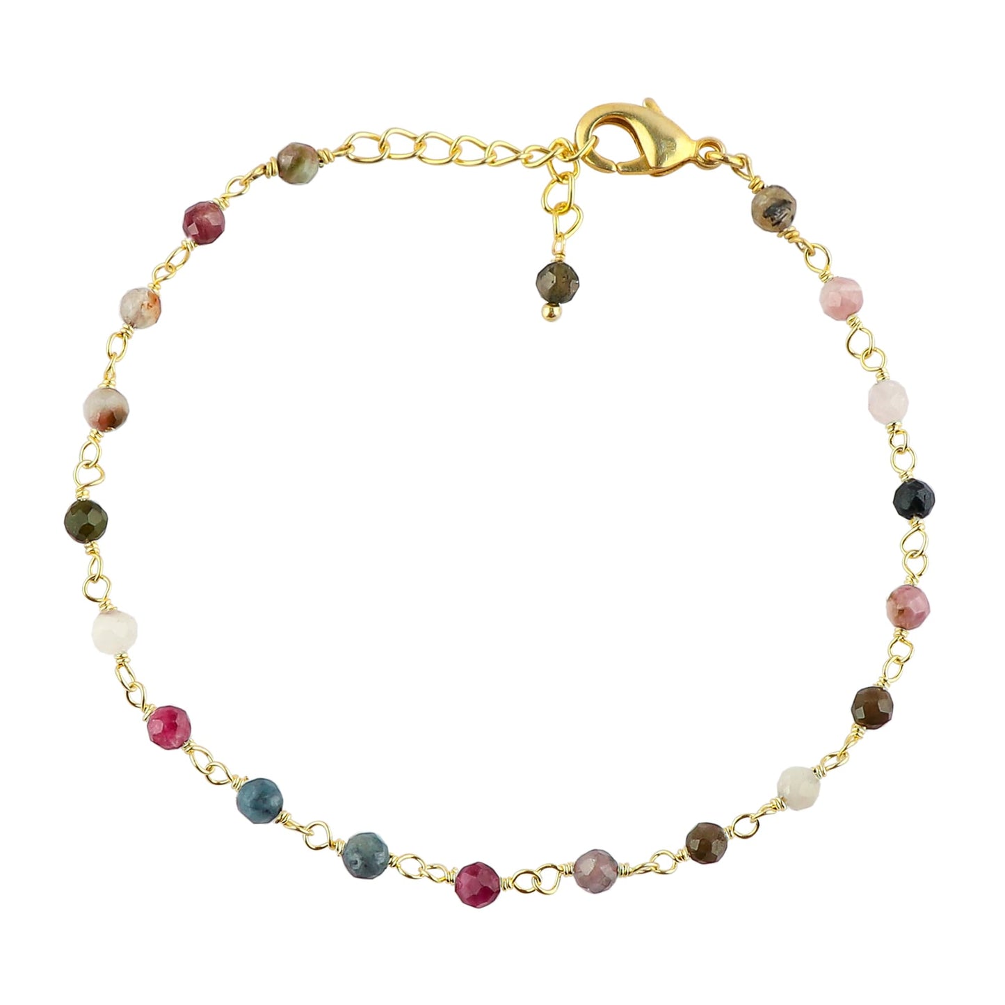 CRYSTALINES Natural Multi Tourmaline Gemstone Cluster Bracelet, 14K Gold Plated Rosary Chain Beads, Handmade Boho Jewelry for Women, Healing Crystals, Christmas Gift Size- 8inch
