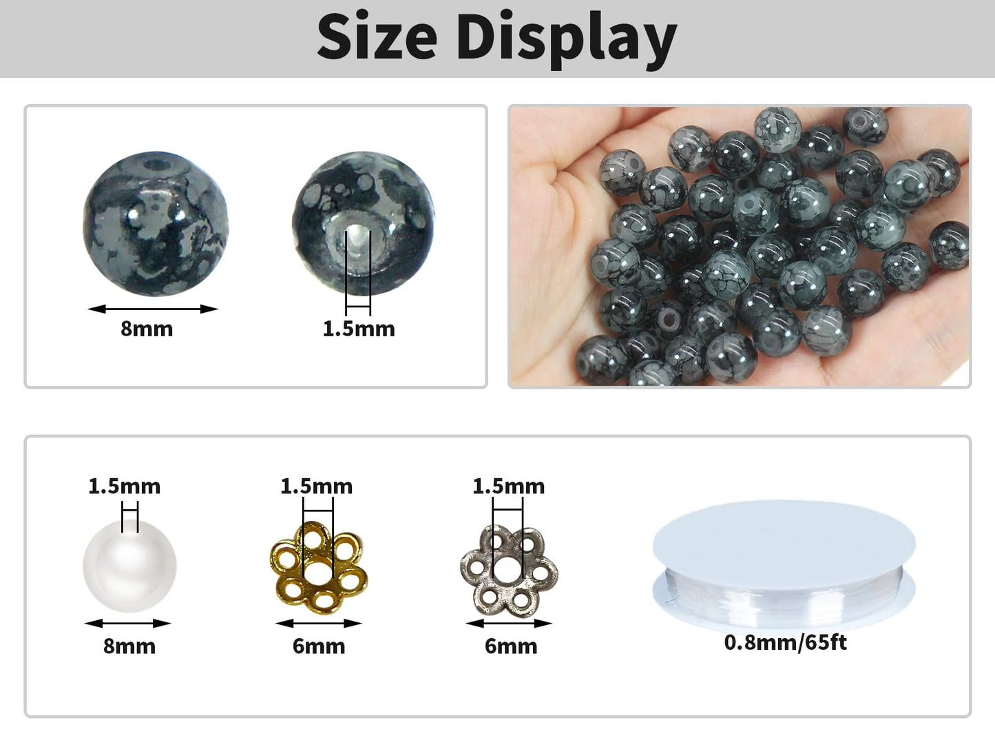 Pamir Tong 550PCS 8mm Black Glass Beads for Jewelry Making,Round Smooth Beads, Bracelet Space Loose Beads for Jewelry Making Earring, Necklaces, DIY Crafts & Gifts #388