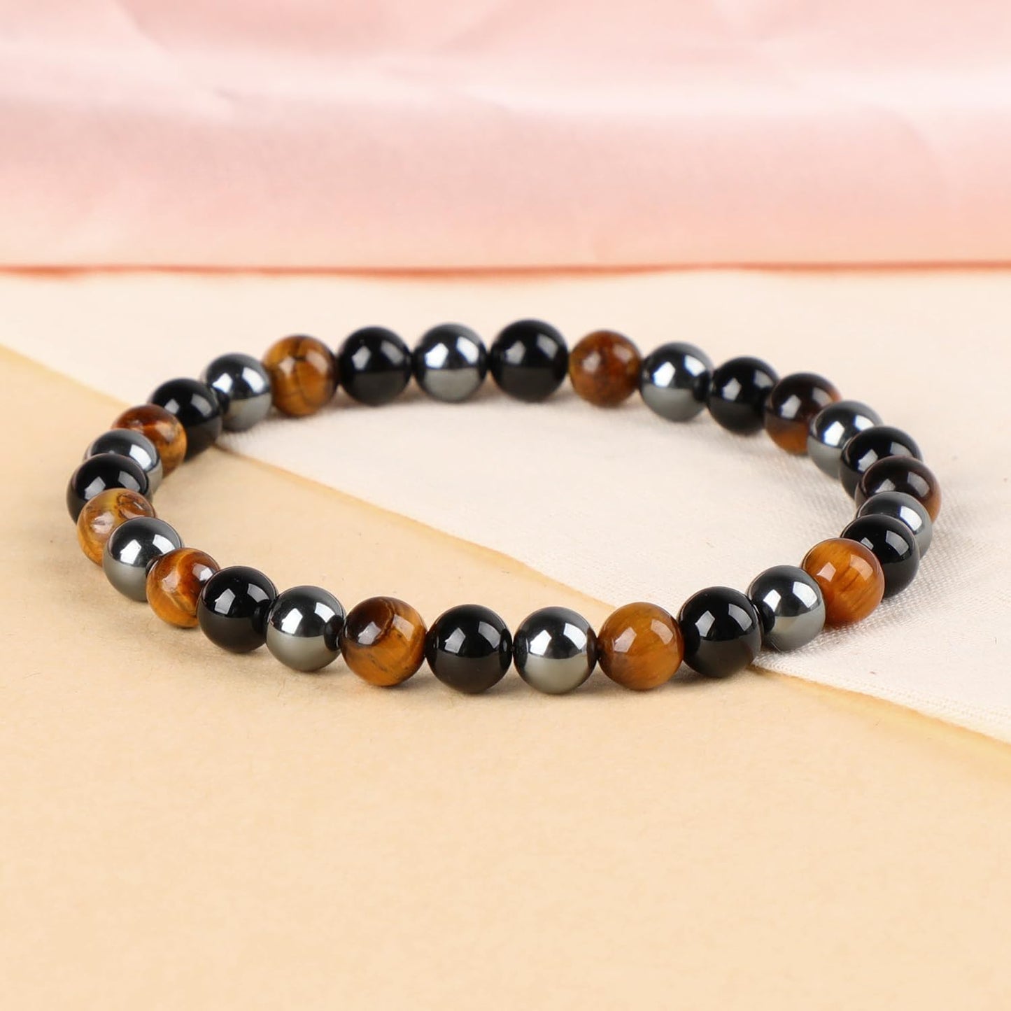 LPBeads Handmade Natural Gemstone Stretch Elastic 6mm Onyx Tiger Hematite Mixed Stone Bracelet Healing Crystal Round Stone Beads Jewelry Gifts for Women Men