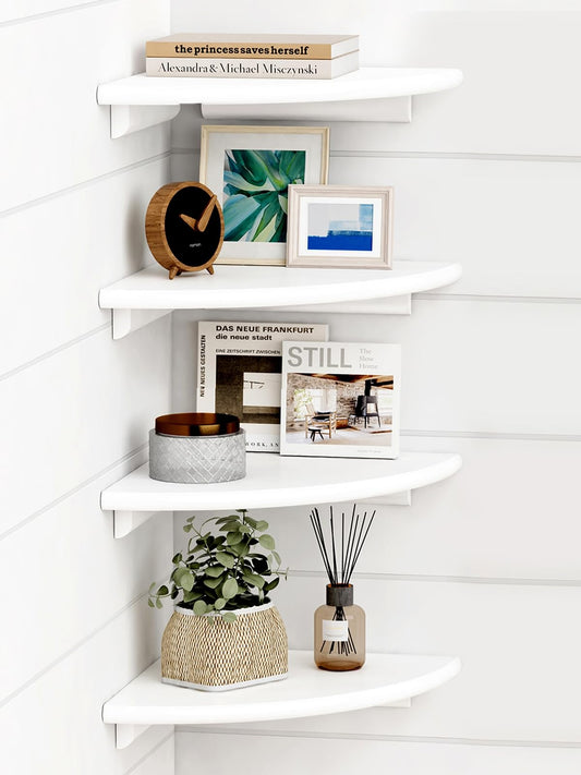 Forbena White Corner Floating Shelves for Wall Set of 4, Rounded Corner Shelves Wall Mounted for Kids Bedroom Books, Cute Wood Hanging Corner Shelf for Bathroom Decor, Living Room, Small Spaces