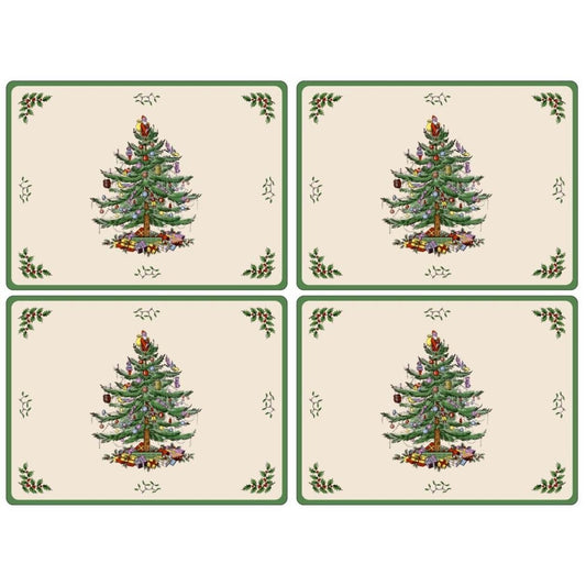 Spode Christmas Tree Placemats, Set of 4 – (15.7" x 11.7") Cork-Backed Boards with Decorative Artwork & Lacquered Finish, Heat & Stain Resistant Dining Table, Kitchen & Tabletop Protection