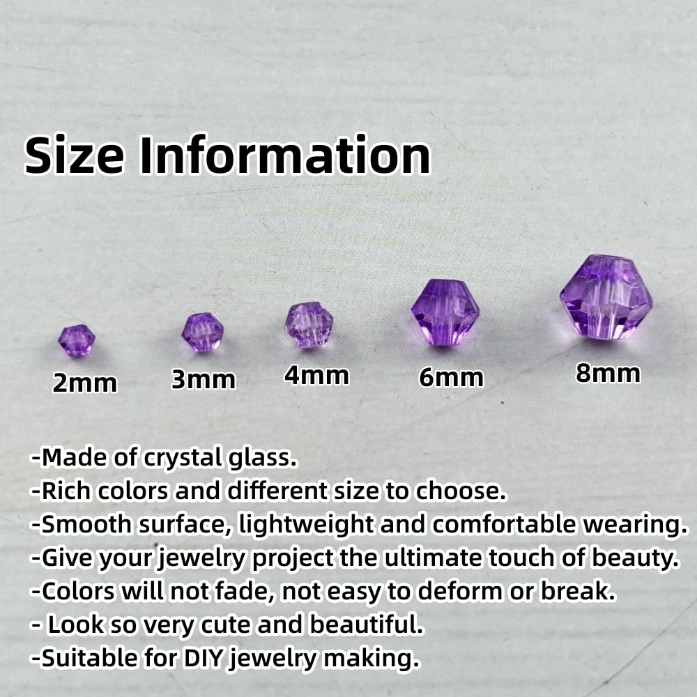 Pinhoollgo 1310pcs Bicone Crystal Glass Beads 2mm 3mm 4mm 6mm 8mm Faceted Crystal Spacer Beads for Bracelets Necklace Pendants Earrings DIY Jewelry Craft Making(Crystal Purple)