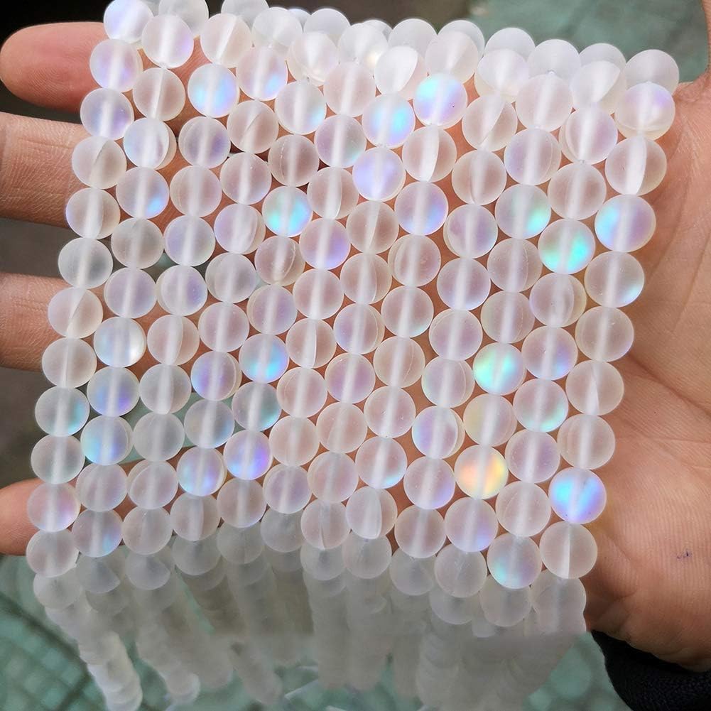 100 Pcs Glass Beads for Jewelry Making, 8mm Matte Crystal Glass Beads Mermaid Aurora Beads Moonstone Beads Bead Assortments for Jewelry Making Arts, Crafts